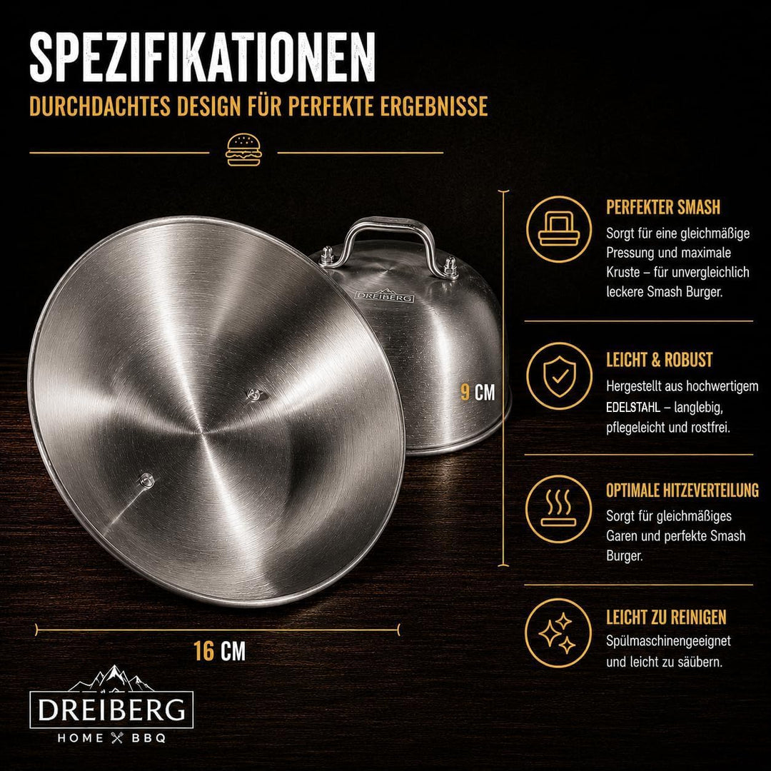 DREIBERG® Burgerglocke 2er Set – Edelstahl Schmelzglocke für Cheeseburger. Schmelz- und Abdeckhaube
