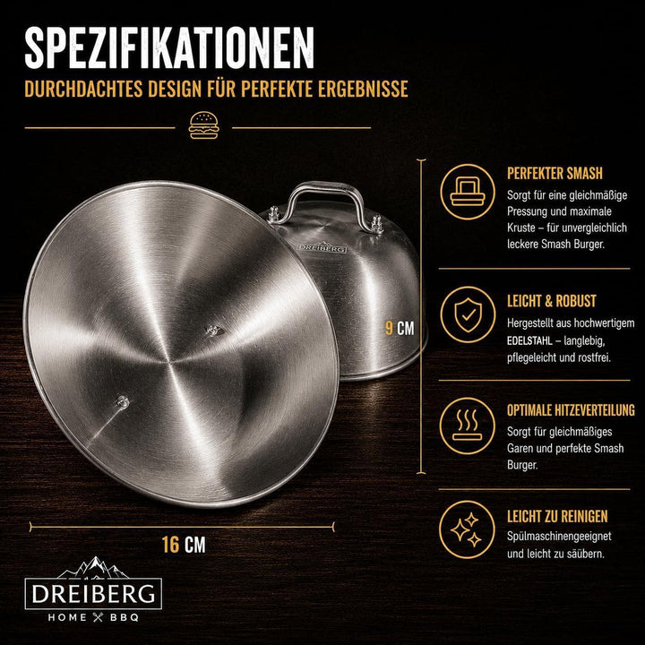 DREIBERG® Burgerglocke 2er Set – Edelstahl Schmelzglocke für Cheeseburger. Schmelz- und Abdeckhaube