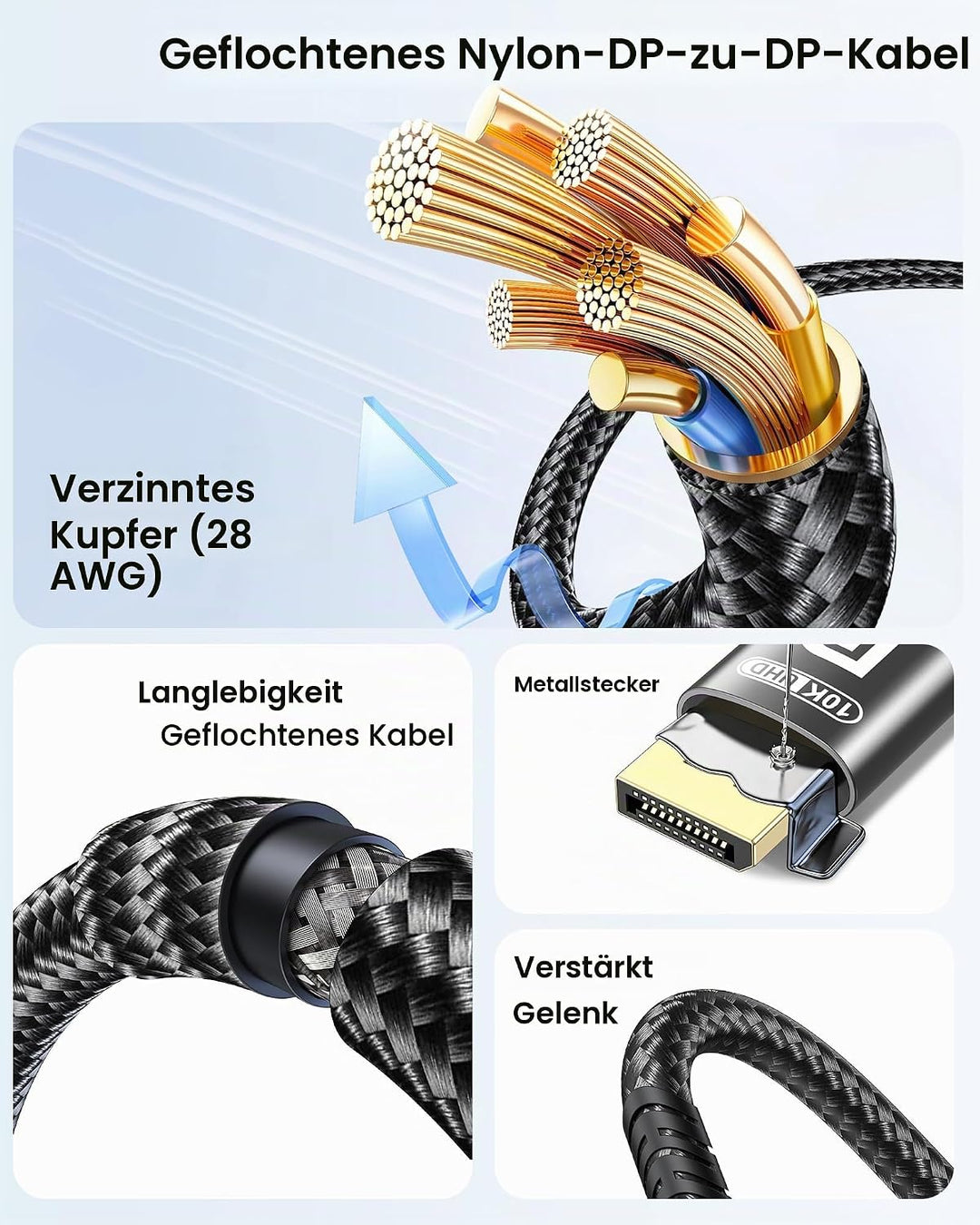 10K 8K 4K DisplayPort 2.1 Kabel 54Gbps 7.5M, VESA Zertifiziertes DP zu DP Kabel 4K 240Hz 144Hz 120Hz