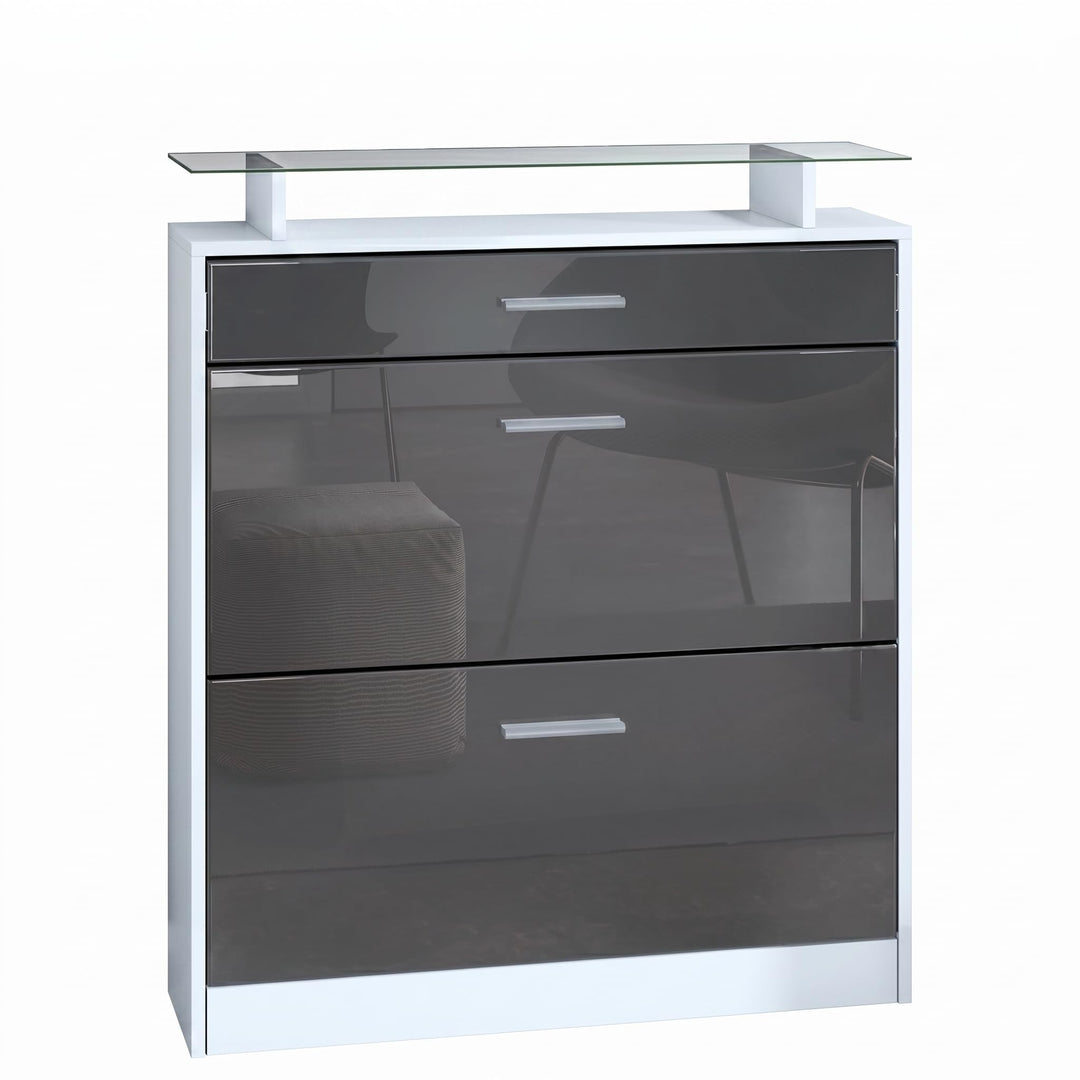 Vladon Schuhschrank Loret 89 x 104 x 23 cm Schuhkipper für 16 Paar Schuhe mit 1 Schublade, 1 Glasabl
