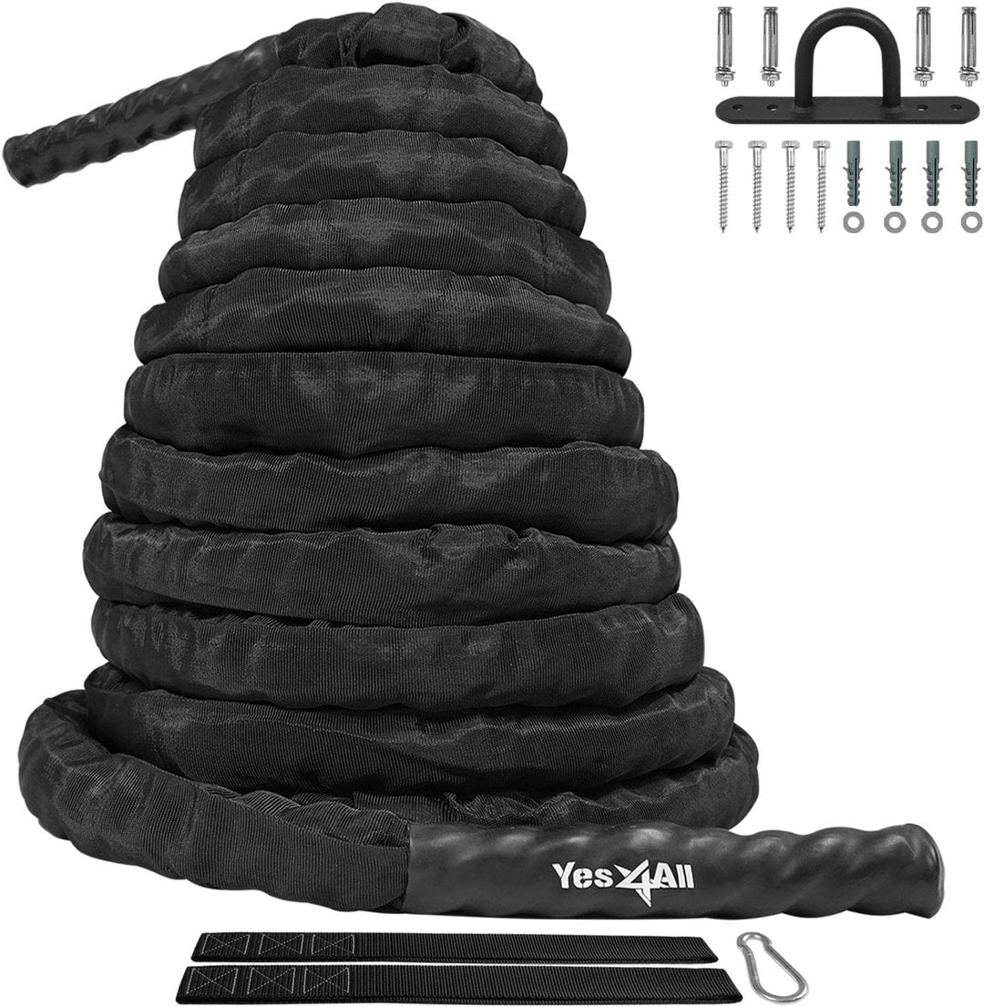 Yes4All Battle Rope, Trainingsseil, Übungsseil mit Schutzhülle - Stahlanker &amp; Riemen inklusive Train