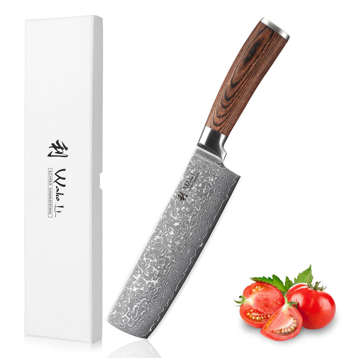 Wakoli EDIB Sakura Nakiri Messer mit 18 cm Klinge aus 67 Lagen Damaststahl mit VG10 Kern, Pakkaholzg