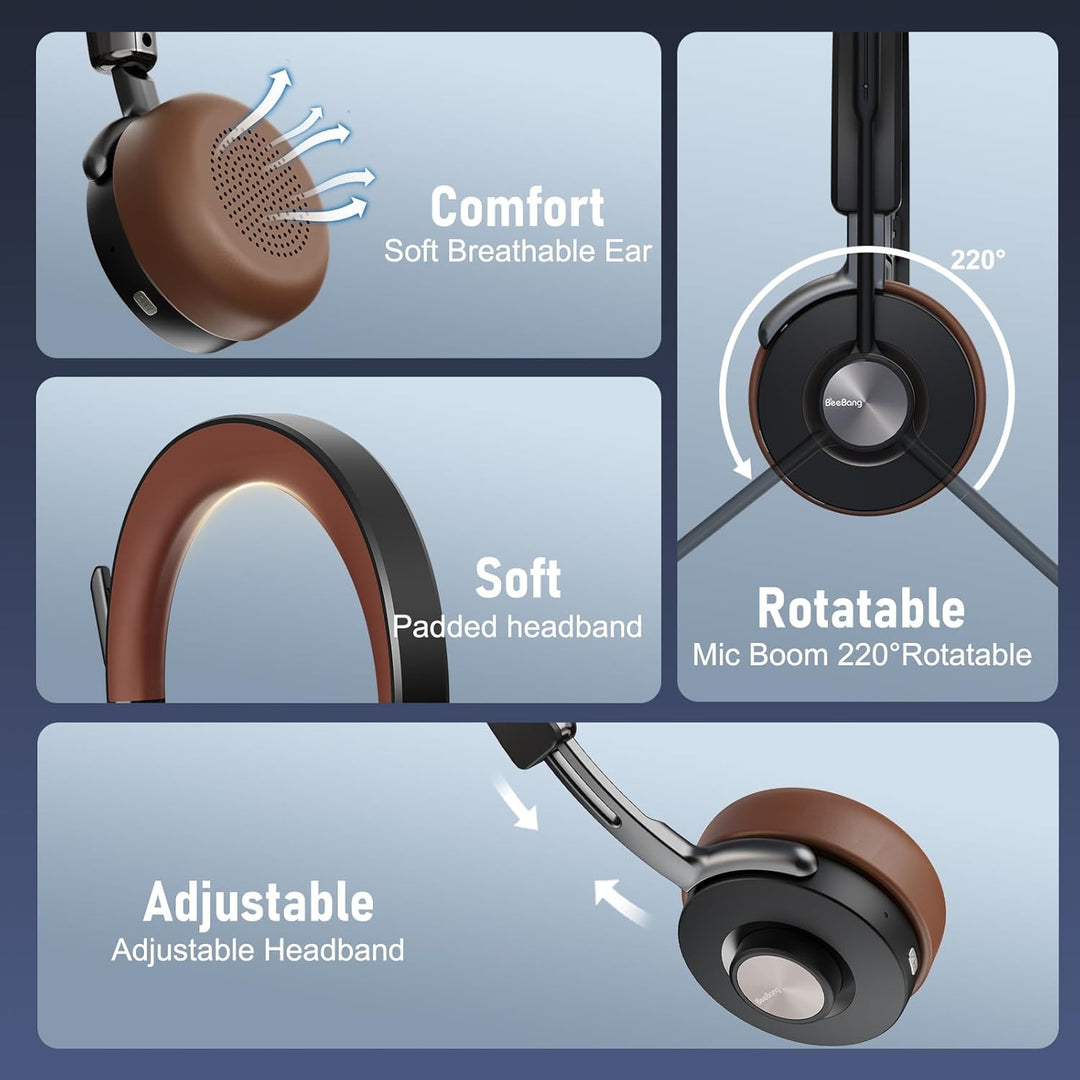 Headset mit Mikrophone Kabelloses, Bluetooth Headset für PC Laptop, 32h Gesprächszeit, USB A Dongle
