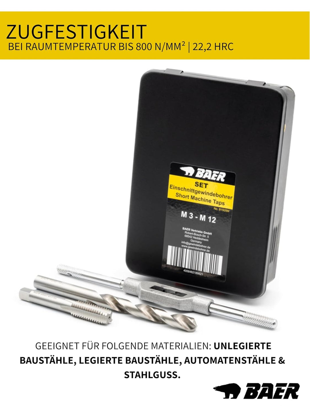 BAER Gewindeschneider Set HSSG: Einschnittgewindebohrer, Kernlochbohrer, Windeisen: M 3-12 - Gewinde