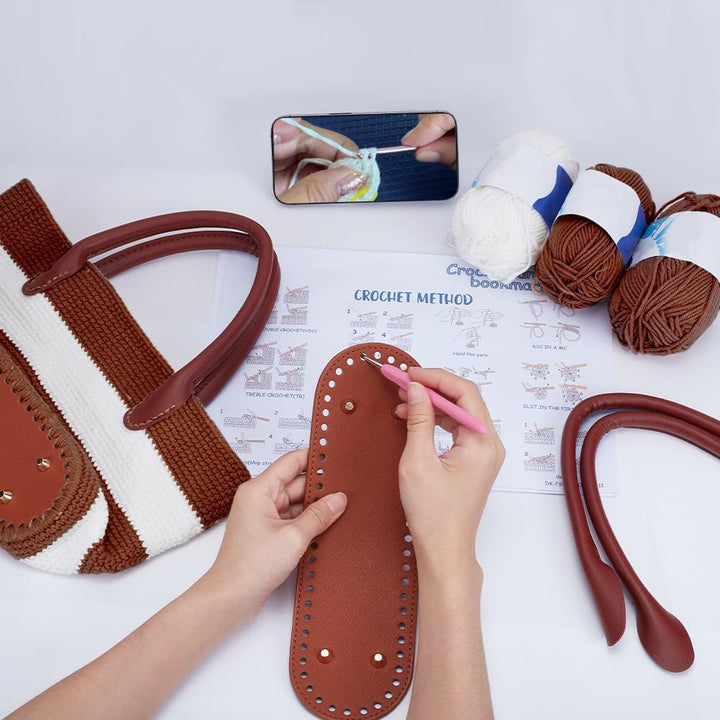 ORIGACH Dunkelbraun Gestreifte Häkelset Tasche Mit PU Lederband Und Boden Komplettes Häkelset Zum He