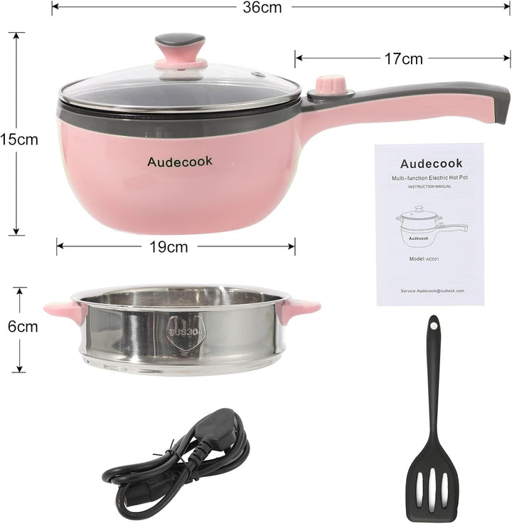 Audecook Elektrische Pfannen mit Dampfgarer, 1,5L Bratpfanne 20cm, Antihaft Klein Elektropfanne, Mul