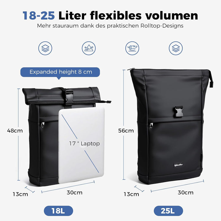 Wasserdicht Rucksack, Laptop Rolltop Rucksack für Herren & Damen Mit Diebstahlsichere Reissverschlus