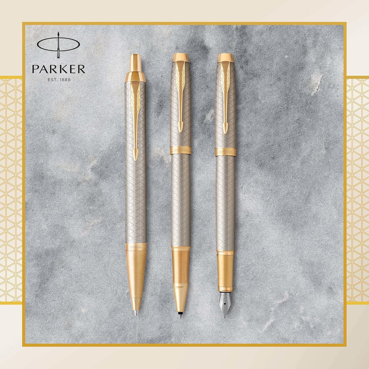 Parker IM Füller Premium Warm Silver Füllfederhalter mit feiner Feder blaue Tinte Geschenkbox