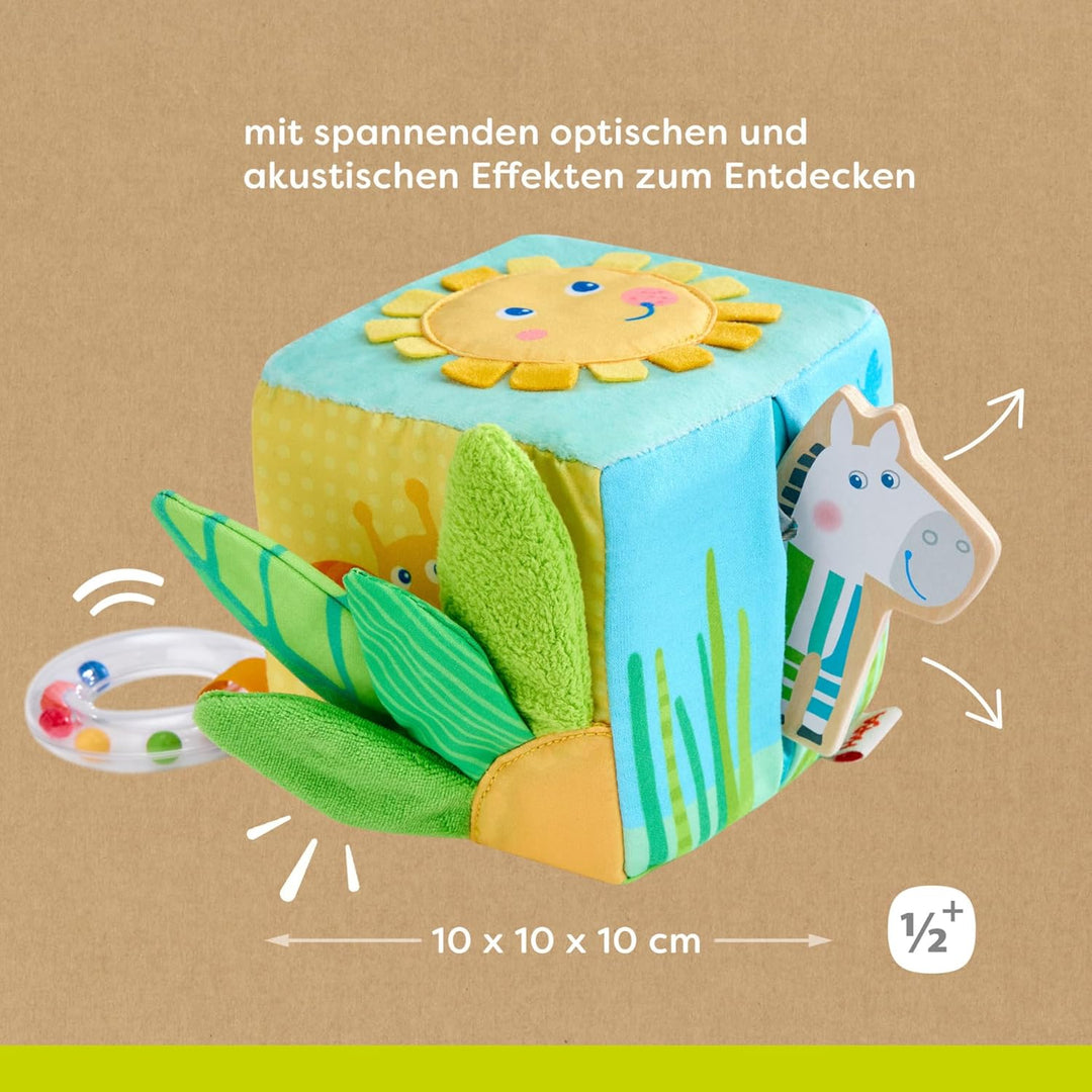 HABA Entdeckerwürfel Zebra – Baby-Sensorik-Würfel mit abnehmbarem Holz-Zebra & Spieleffekten – Babys