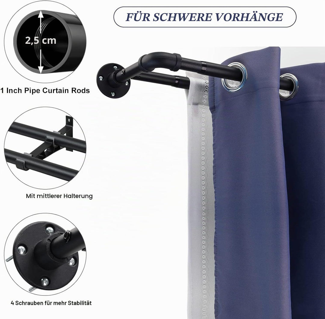 Gardinenstange Innenlauf 2-Läufig Industrieller Stil, 73-340cm Gardinenstange Verstellbare mit Flans