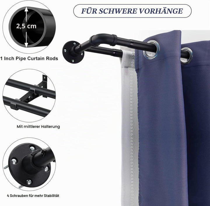 Gardinenstange Innenlauf 2-Läufig Industrieller Stil, 73-340cm Gardinenstange Verstellbare mit Flans
