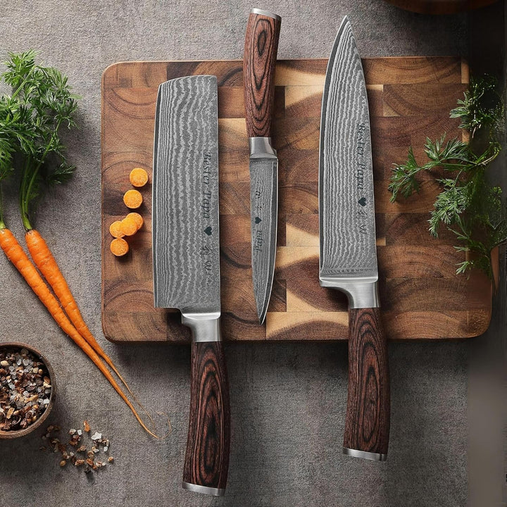 Wakoli EDIB 3er Damastmesser Set mit Gravur – Personalisiertes Messer-Set, Chefmesser, Nakiri & Allz