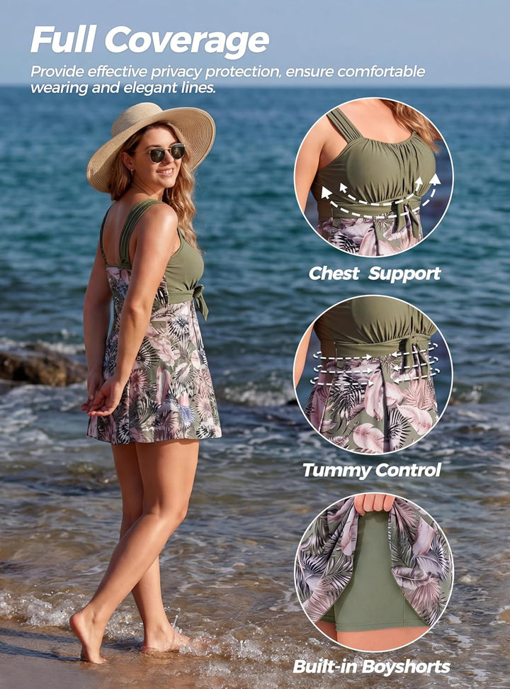 Wantdo Damen Badeanzüge Sommer Bauchweg Tankini Bademode mit Bügel Badekleid Einteiler Schlanke Stra