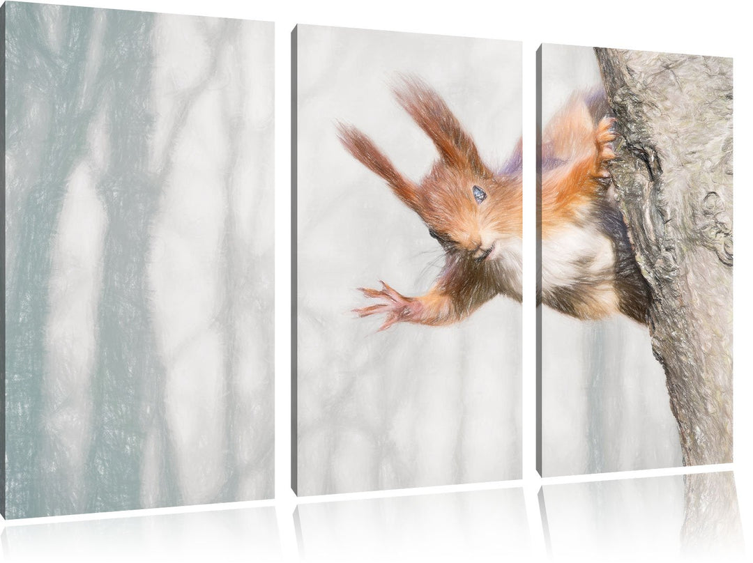 Pixxprint Neugierig rotes Eichhörnchen / 3-Teilig/Gesamtmass 120cm Leinwandbild bespannt auf Holzrah
