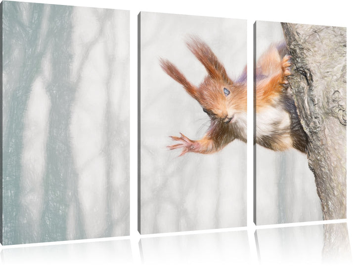 Pixxprint Neugierig rotes Eichhörnchen / 3-Teilig/Gesamtmass 120cm Leinwandbild bespannt auf Holzrah