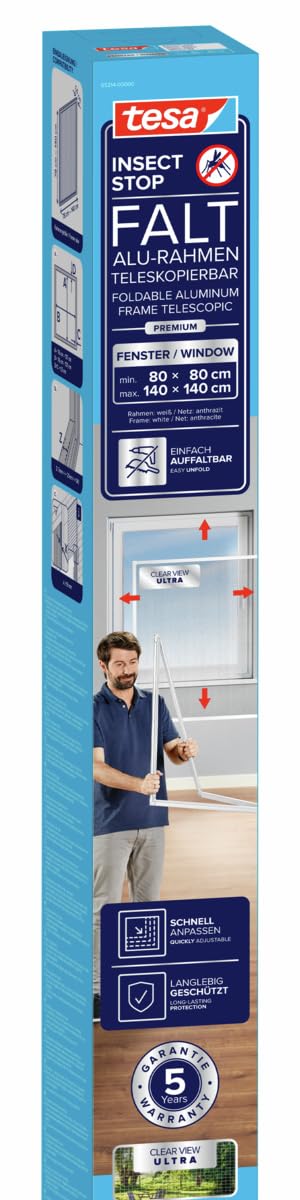 tesa Insect Stop FALT Fenster - Faltbarer Alu-Rahmen - Fliegengitter mit verstellbarem Teleskoprahme
