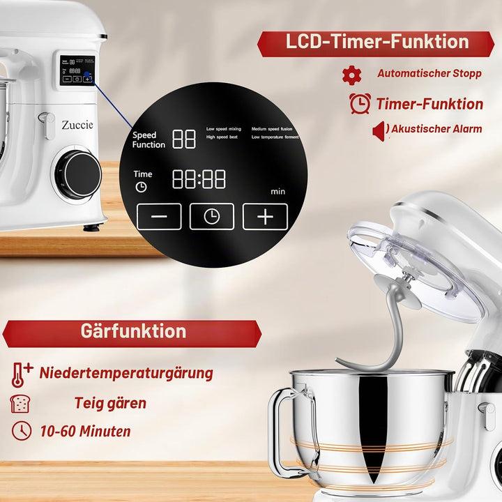 Zuccie küchenmaschine 1500W 8L Knetmaschine 6 Geschwindigkeit Fermentationsfunktion+LCD knetmaschine