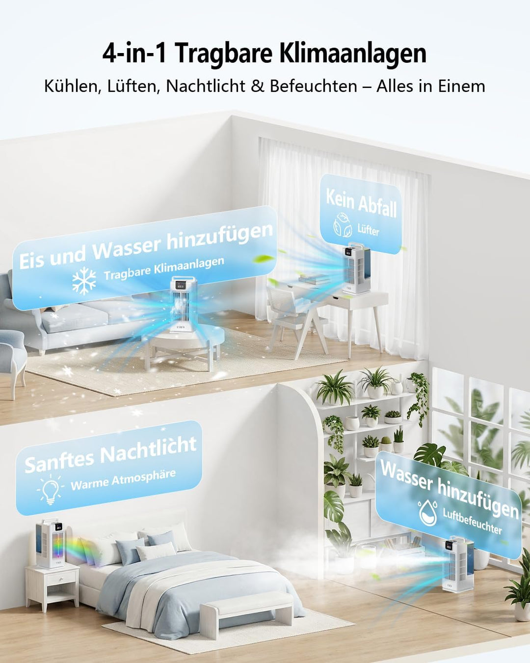 Mobil Klimaanlage Mini Luftkühler: Ventilator mit Wasserkühlung 2000ml Wassertank-120°Oszillation, 4