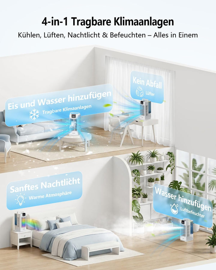 Mobil Klimaanlage Mini Luftkühler: Ventilator mit Wasserkühlung 2000ml Wassertank-120°Oszillation, 4