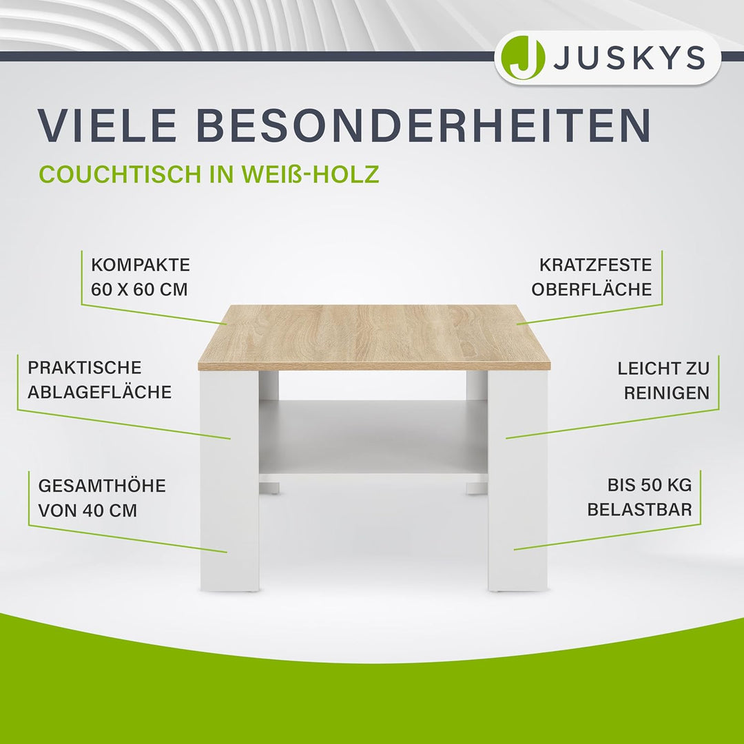 Juskys Couchtisch mit Ablage 60x60x40 cm - Holz, pflegeleicht, robust - Moderner Beistelltisch für Z