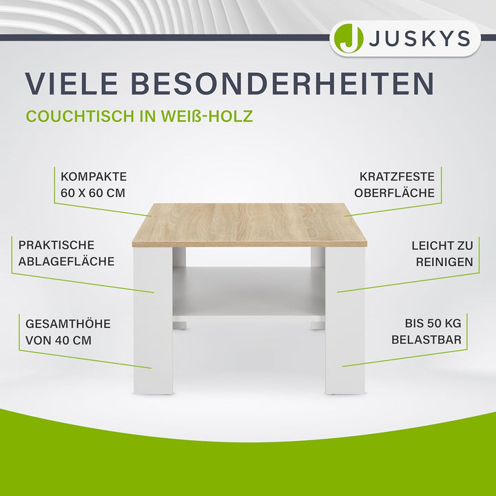 Juskys Couchtisch mit Ablage 60x60x40 cm - Holz, pflegeleicht, robust - Moderner Beistelltisch für Z