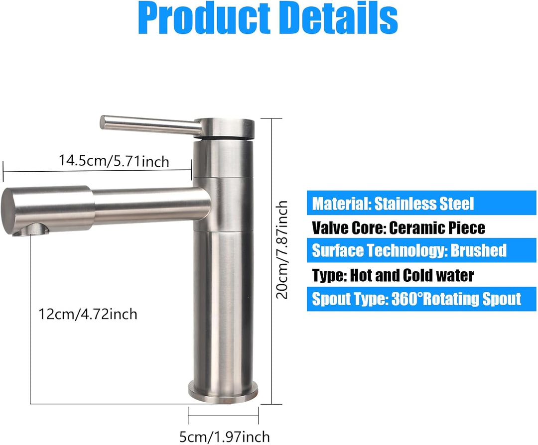 Wasserhahn Bad 360° Drehbar Waschtischarmatur Edelstahl Silber | Armatur Badezimmer mit Keramikkartu