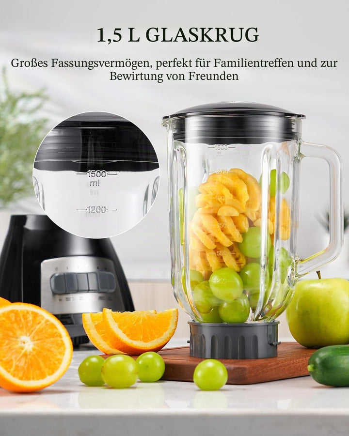 SHARDOR Standmixer, 700 W Spitzenleistung smoothie maker mit 1,5-Liter-Glasbehälter, Edelstahl 6-Kli