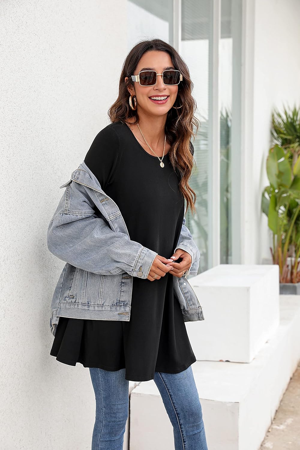 Enmain Damen Tunika Shirt Langarm/Kurzarm Bluse mit Blumen Longshirt Casual Elegante 3/4 Ärmel Rundh