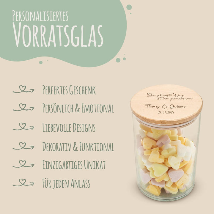 GRAVURZEILE Vorratsglas mit graviertem Holzdeckel - Der schönste Weg - Personalisiert mit Name & Dat