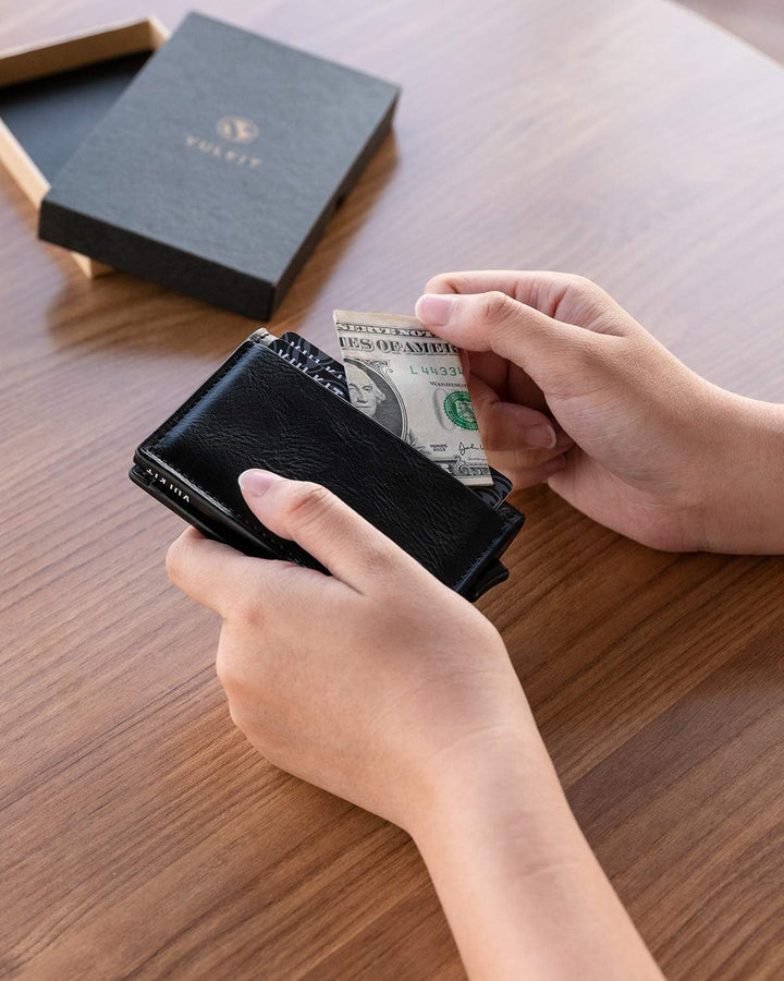 VULKIT Kreditkartenetui für Herren Geldbörse Leder RFID Schutz Geldbeutel Wallet Klein mit 3 Steckpl