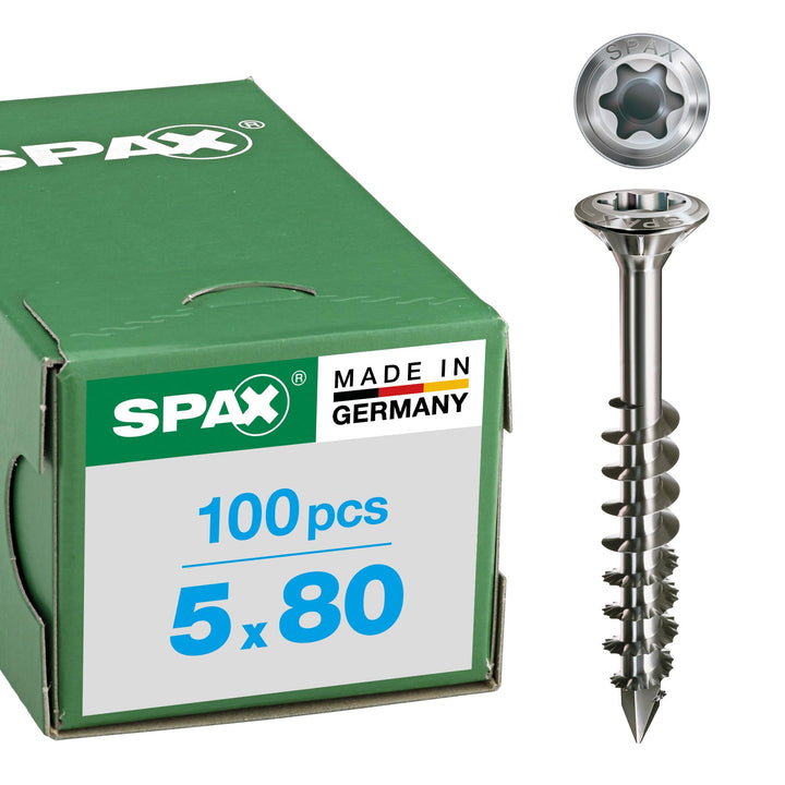 SPAX Fassadenschraube aus Edelstahl rostfrei A2, 5,0 x 80 mm, 100 Stück, T-STAR plus, Linsensenkkopf