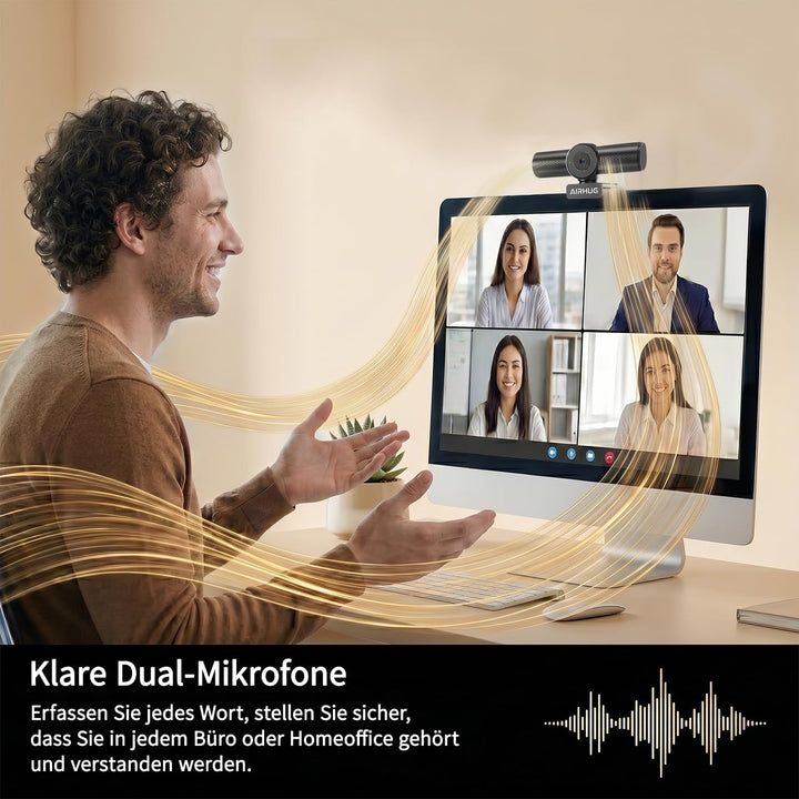 AIRHUG 4K 30fps Webcam-Sony 16MP Sensor,PDAF Autofokus,Auto-Lichtkorrektur,Zwei omnidirektionale Mik