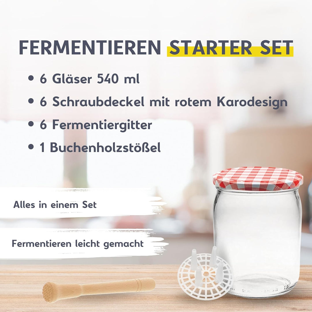 mikken Fermentier Starter Set 6 Fermentiergläser 540 ml mit Gitter, Deckel und Holzstampfer