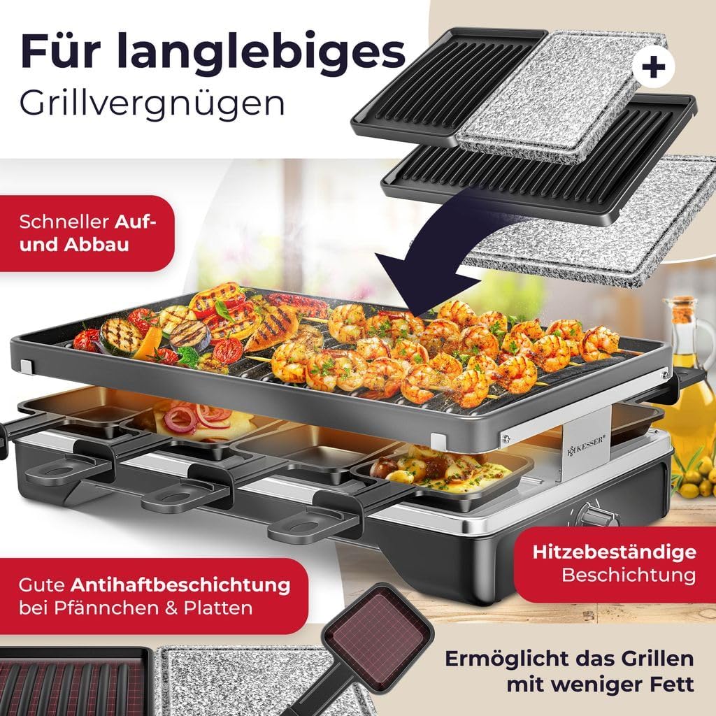 KESSER® Raclette-Grill mit Naturgrillstein, Grillplatte Tischgrill für 8 Personen, Elektrogrill Racl