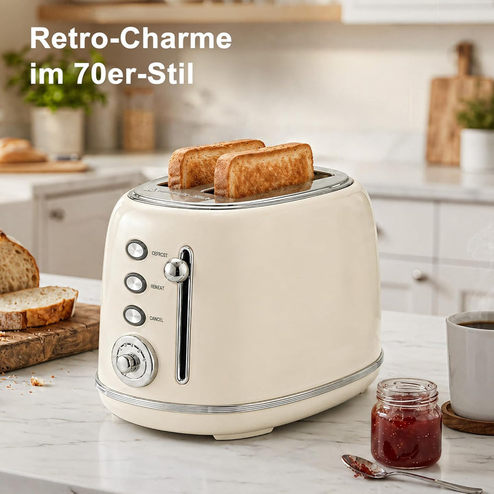 Retro Toaster 2 Scheiben Edelstahl – Brötchenaufsatz, 6 Röststufen, Vorheiz- und Auftaufunktion, Abs