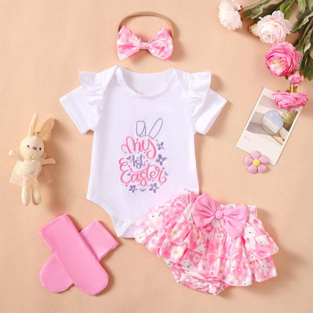 Baby Mädchen Ostern Kleidung Geburtstag Outfit Bunny Kurzarm Strampler Hohe Taille Rüschen Tütü Rock