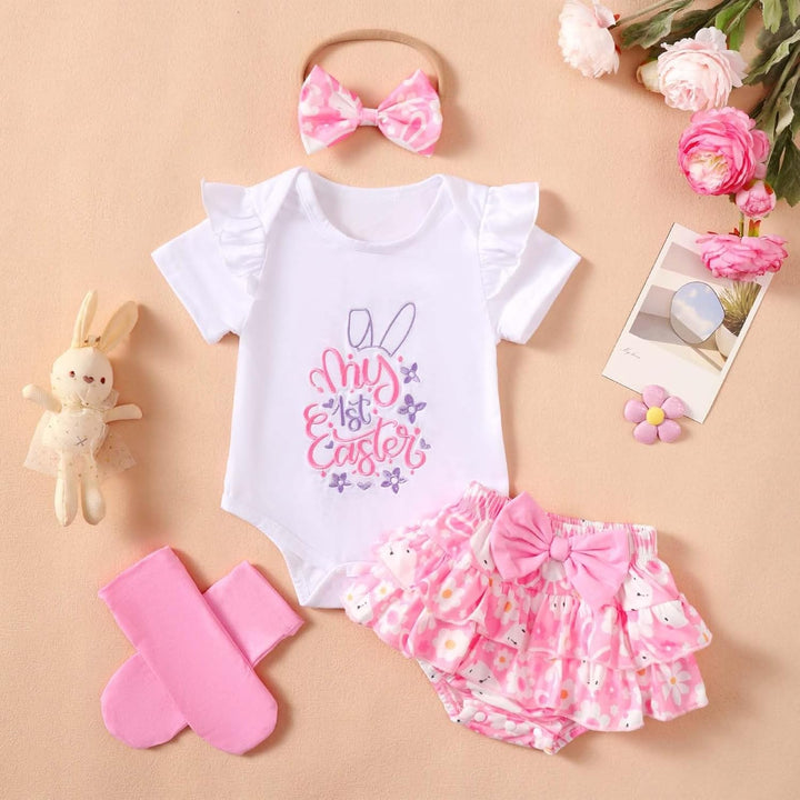 Baby Mädchen Ostern Kleidung Geburtstag Outfit Bunny Kurzarm Strampler Hohe Taille Rüschen Tütü Rock