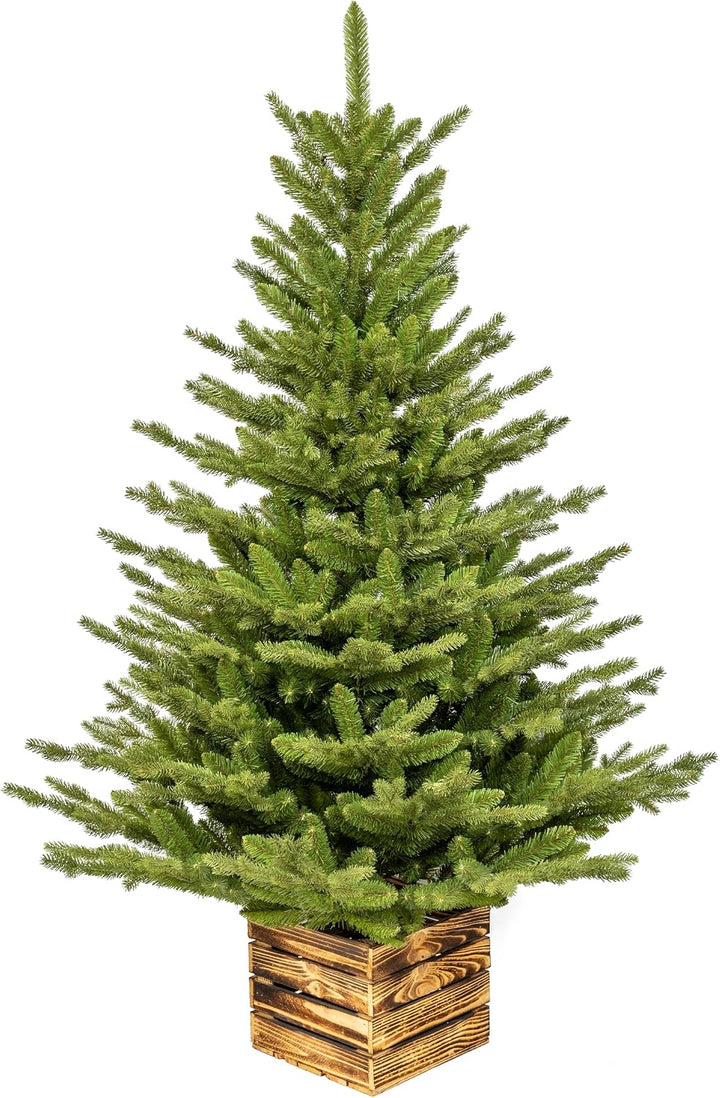 Premium Künstlicher Weihnachtsbaum 150 cm I Künstlicher Tannenbaum mit Holzkisten-Ständer I Zweige I