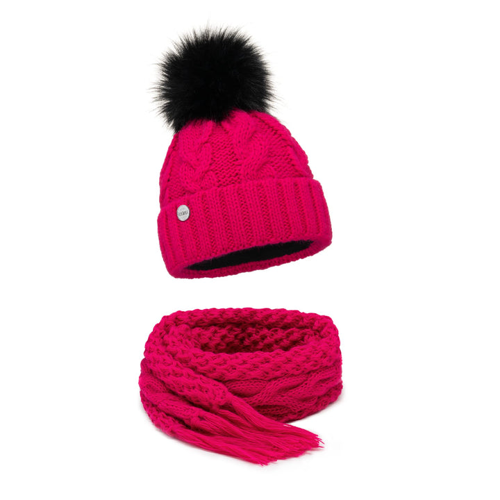 ELIMELI® Winter Mütze Damenmütze mit Fell-Bommel Fleece Innenfutter gefüttert - warme Damen Bommelmü