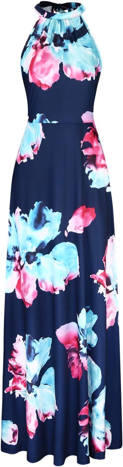 STYLEWORD Damen Neckholder Elegant Sommerkleid Ärmellos Blumenkleid Maxikleid Lange Strandkleid XL F