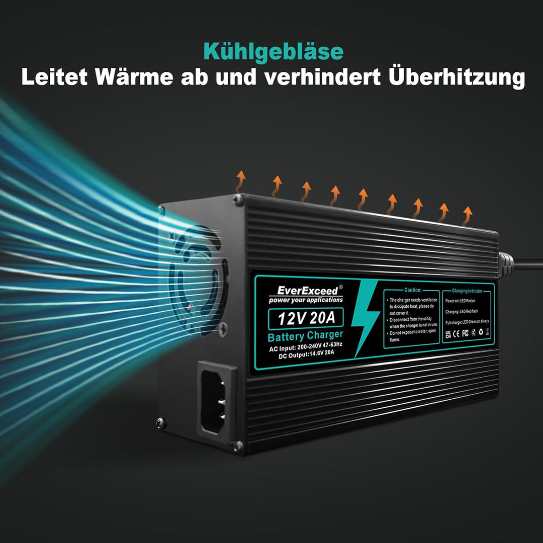 EverExceed Lithium Ladegerät 12V 20A 14,6V Ladegerät Lifepo4 AC-DC, Batterieladegerät Lifepo4 20A fü