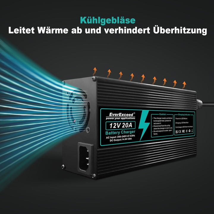 EverExceed Lithium Ladegerät 12V 20A 14,6V Ladegerät Lifepo4 AC-DC, Batterieladegerät Lifepo4 20A fü