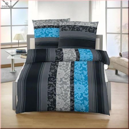 Soma Fein-Biber Bettwäsche Garnitur 135x200 cm 80 x 80 cm anthrazit/Petrol Streifen