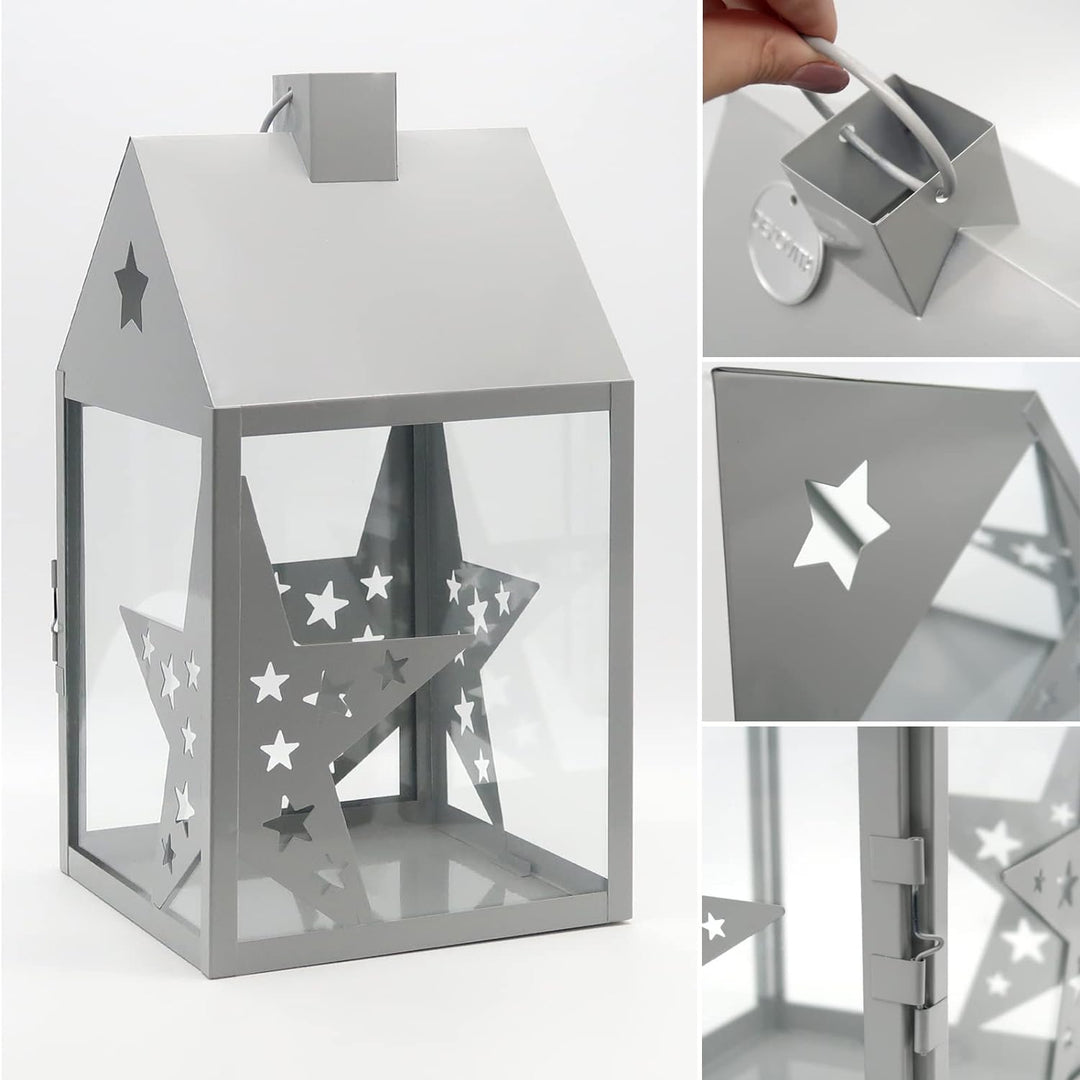Dekovita 38cm Metall-Laterne Sterne Lichthaus - Gartenlaterne mit Glas-Scheiben - Windlicht Haus Dek