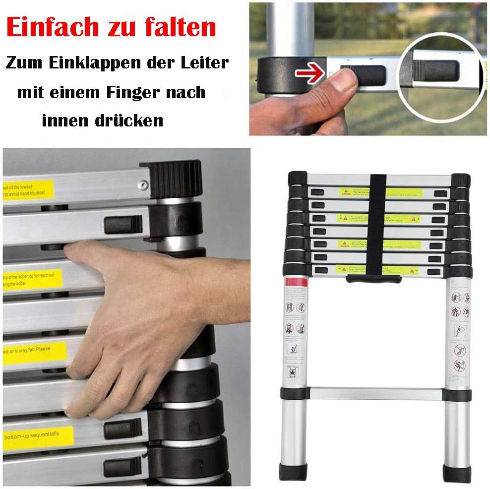 Teleskopleiter 2,6M mit Einzelne Segmente, zertifizierte Alu Verlängerungsleiter, 72cm bis 260cm anl