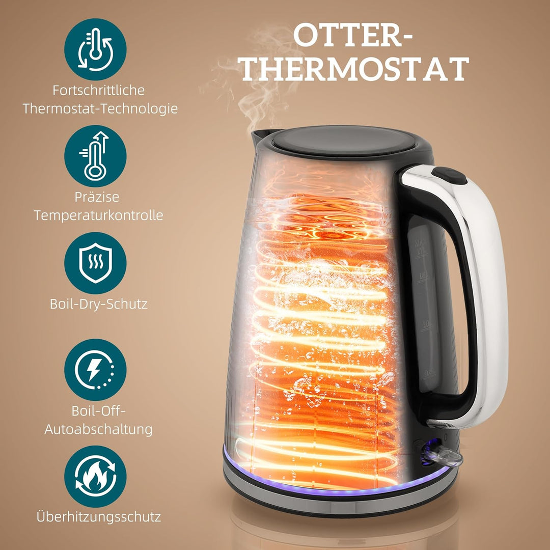 HOMCOM Wasserkocher Toaster Set 1,7L Wasserkocher mit Edelstahl-Innenraum, 2 Scheiben Toaster 2200W