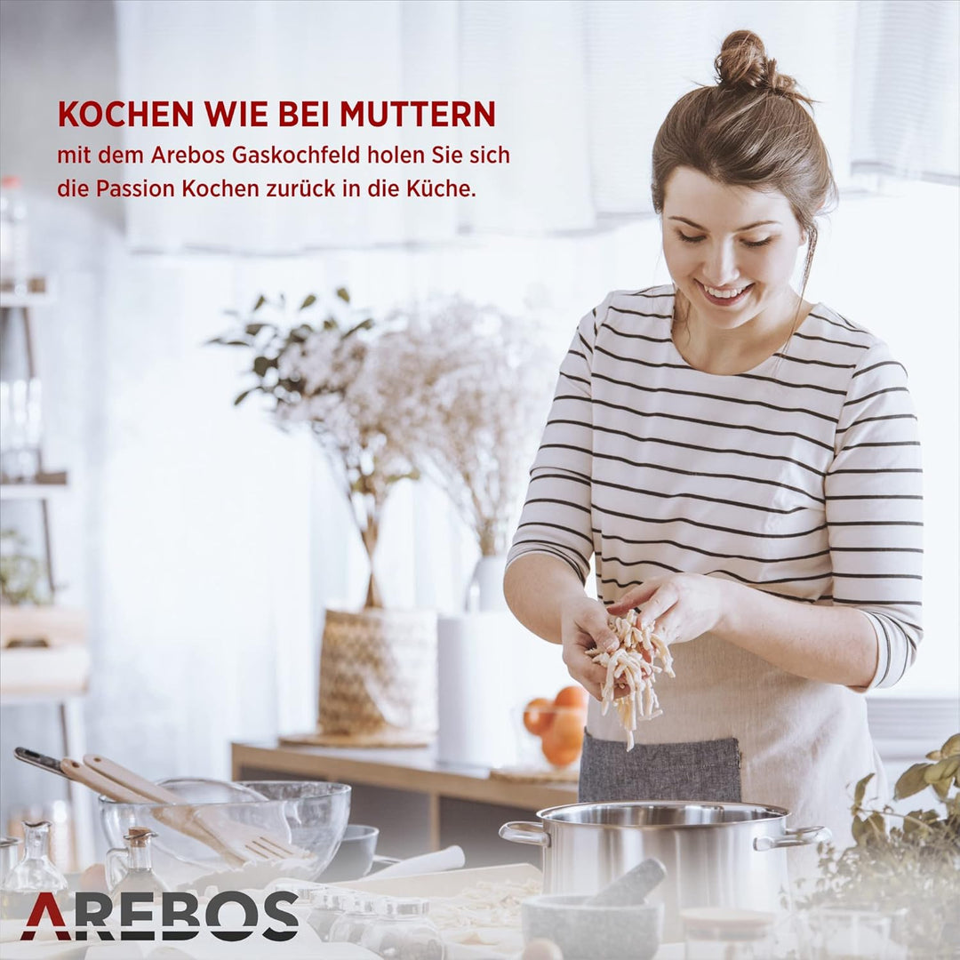 Arebos Gaskochfeld 4 Flammen | Glaskeramik | inkl. Topfträger & Zündsicherung | Autark | Geeignet fü
