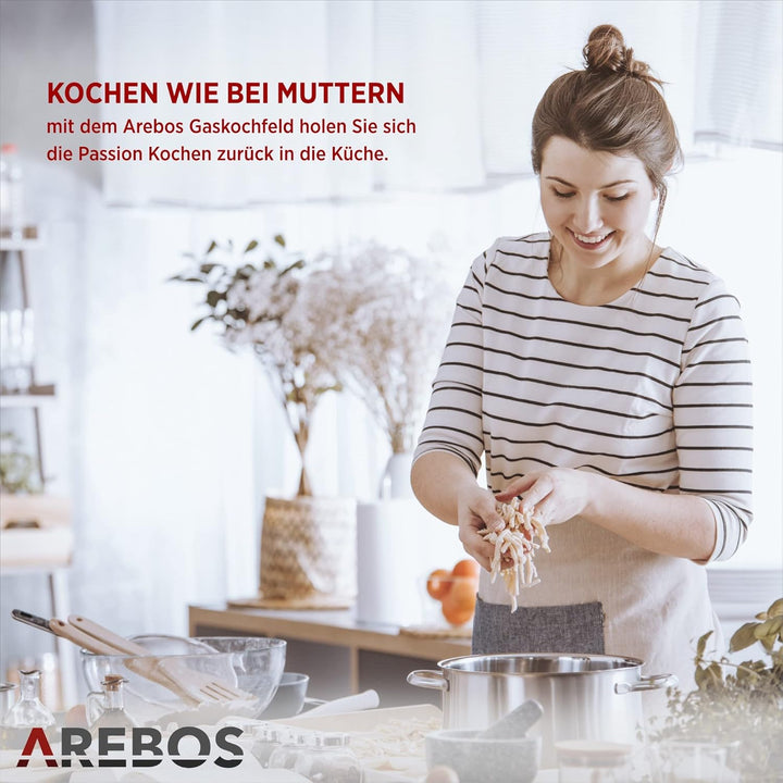 Arebos Gaskochfeld 4 Flammen | Glaskeramik | inkl. Topfträger & Zündsicherung | Autark | Geeignet fü