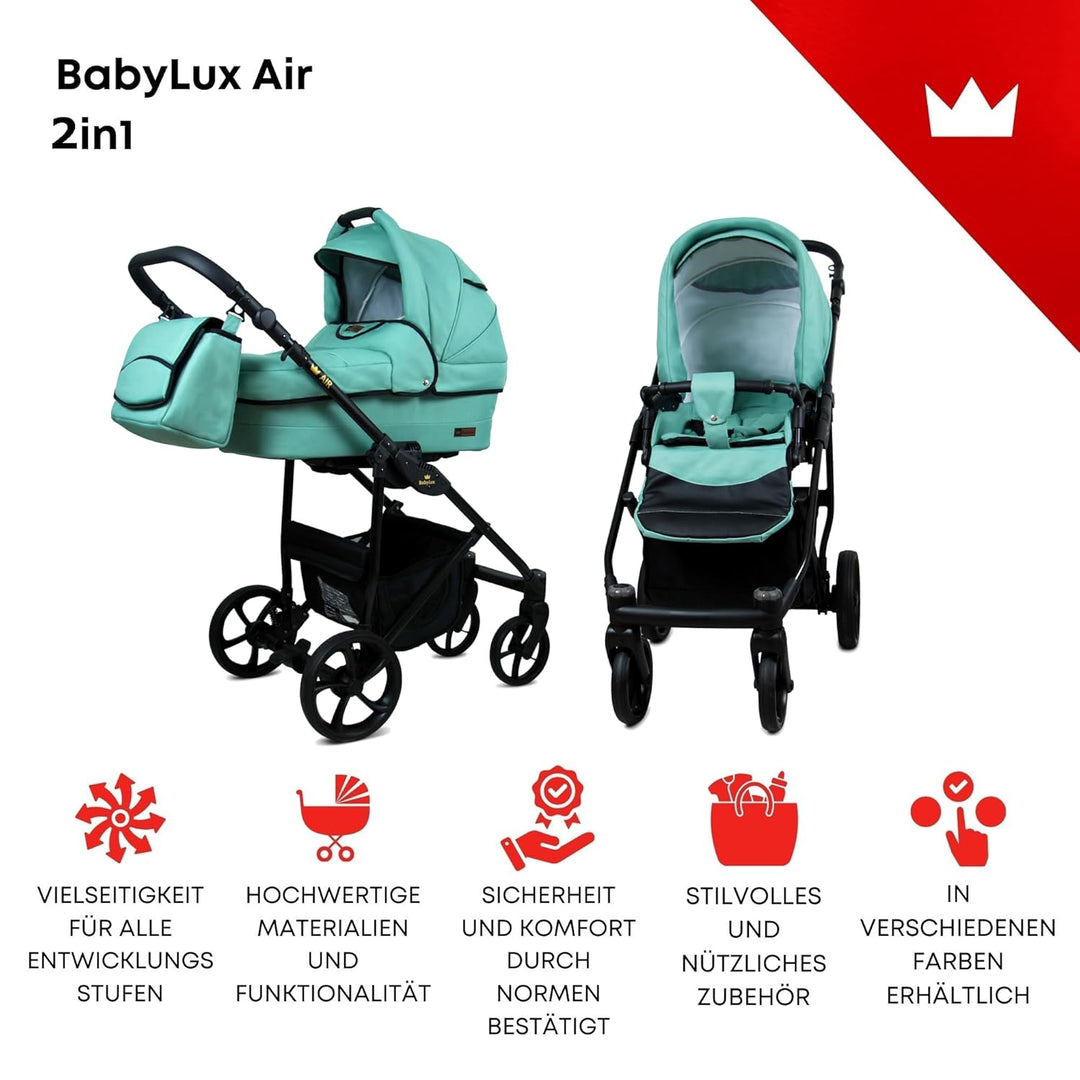 BabyLux® Kinderwagen Set 2 in 1 - Air - Sage - incl. Babywanne, Buggy Sportsitz - Kinderwagenset - K