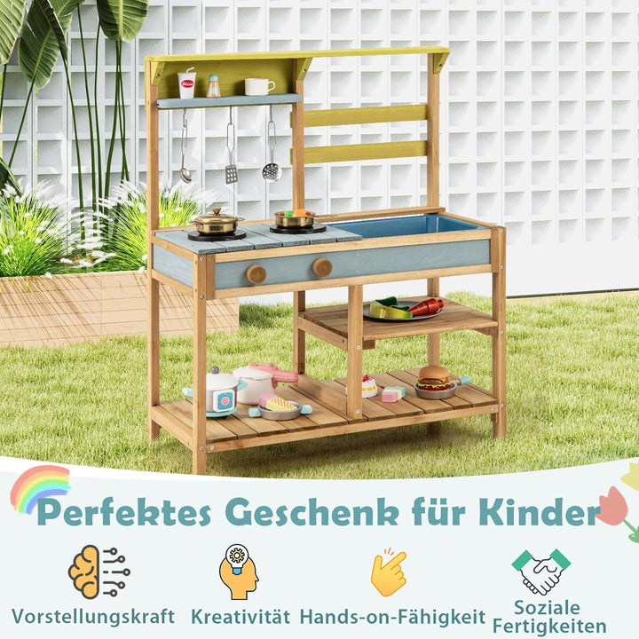 COSTWAY Matschküche Kinder Outdoor, Kinderküche Holz mit Spüle, Spielküche mit Haken & abnehmbarem R
